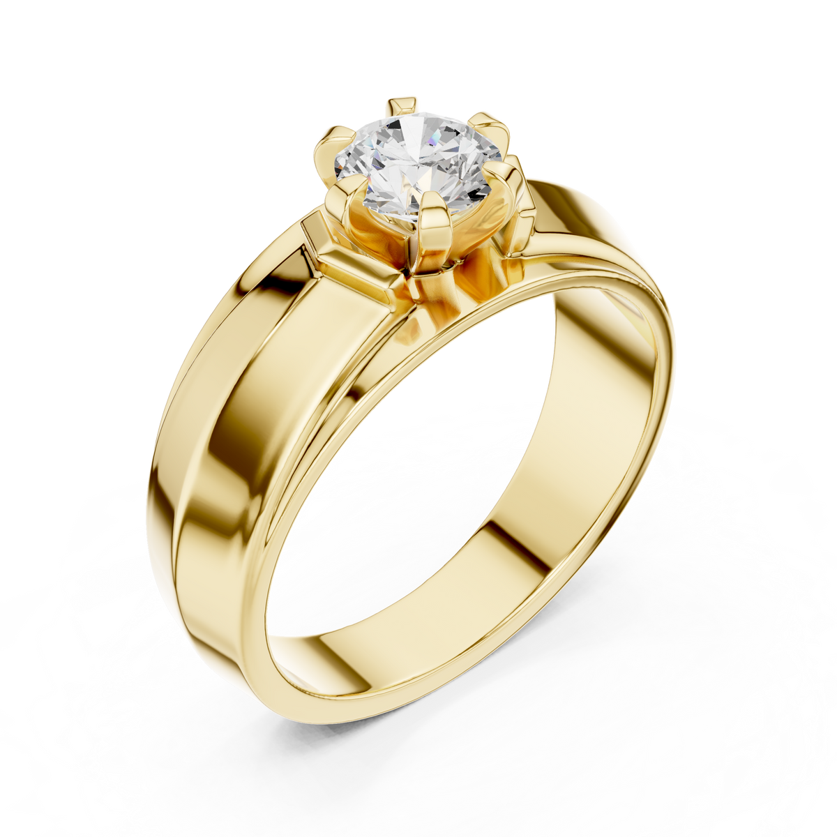 Six Prong Round Shape Lab Grown Diamond Ring Hexagonal Crown Solitaire Band