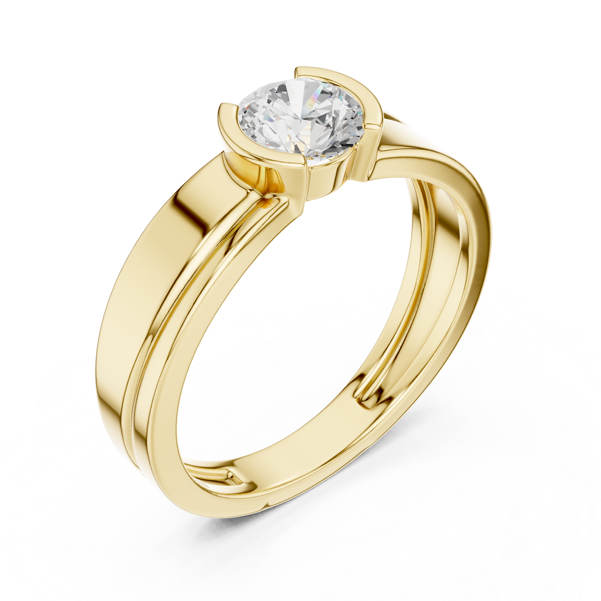Solitaire Half Bezel Round Shape Lab Grown Diamond Ring Grooved Band
