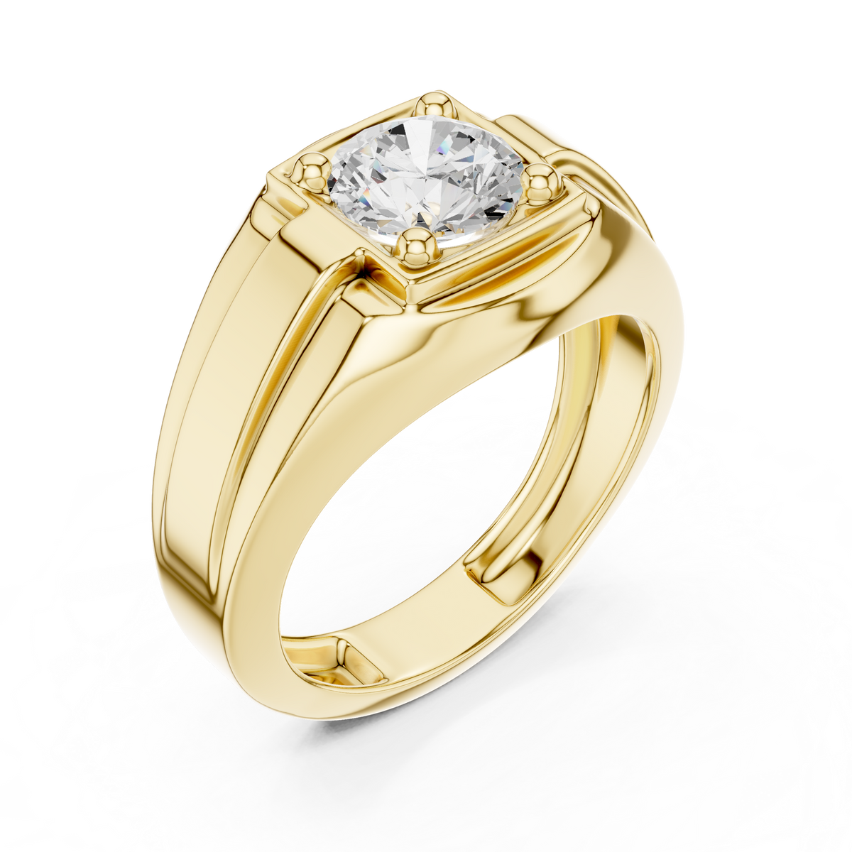 Round Shape Square Box Lab Grown Diamond Solitaire Ring Grooved Signet Band