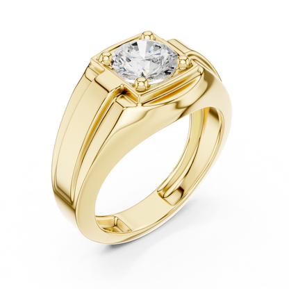 Round Shape Square Box Lab Grown Diamond Solitaire Ring Grooved Signet Band