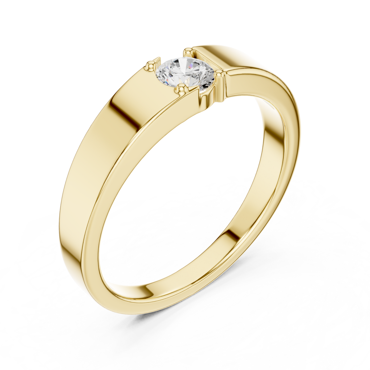 Solitaire Four Prong Round Shape Lab Grown Diamond Ring Flat Profile Band