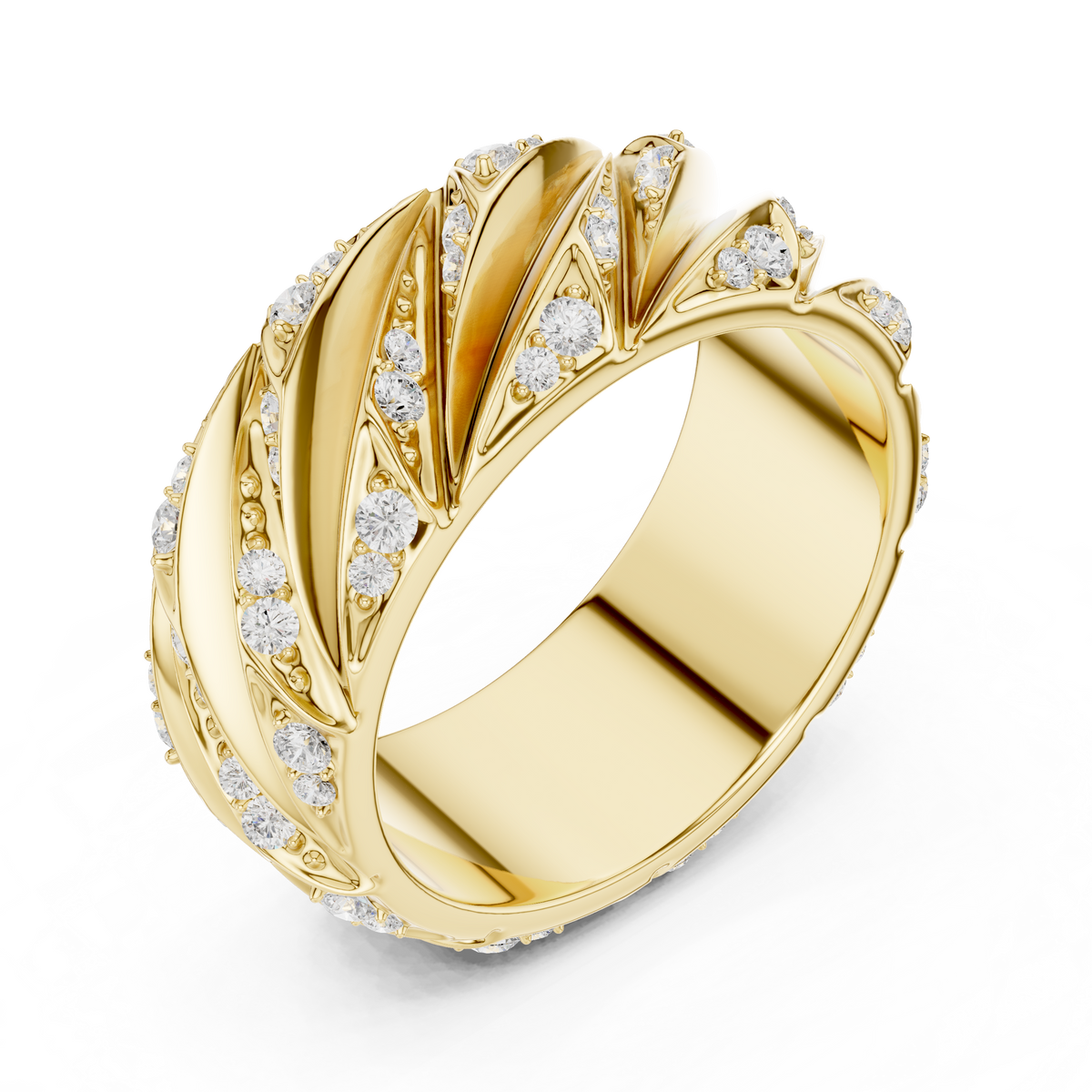 Spiral Ridge Round Shape Lab Grown Diamond Ring Pave Accent Band