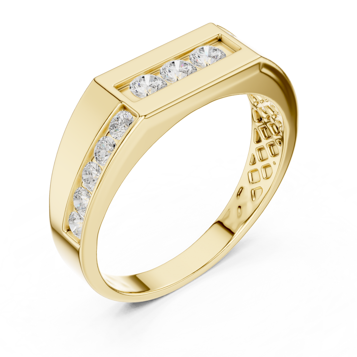 Channel Set Round Lab Grown Diamond Ring Flat Top Signet Band