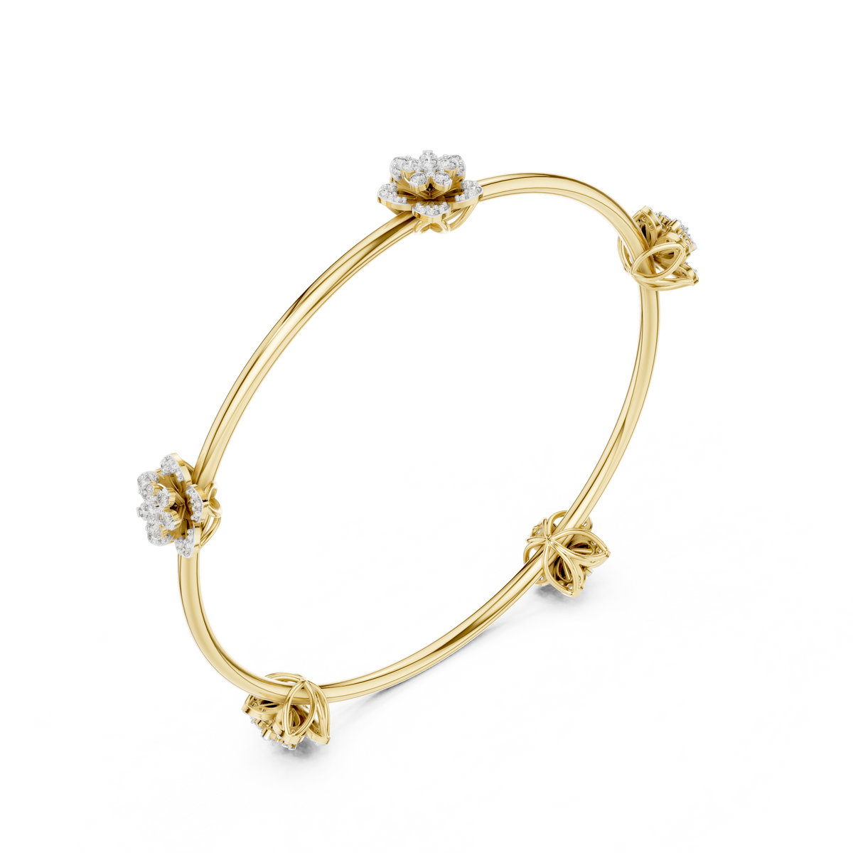 Gold Floral Bloom Station Bangle with Diamond Petals