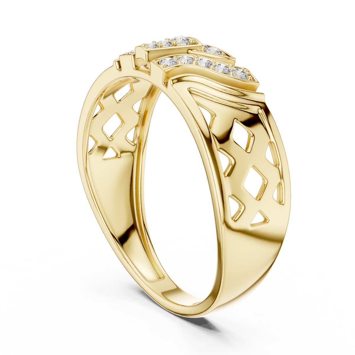 Geometric T-Bar Flanking Curved Wing Pave Diamond Lattice Ring