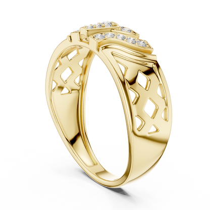 Geometric T-Bar Flanking Curved Wing Pave Diamond Lattice Ring