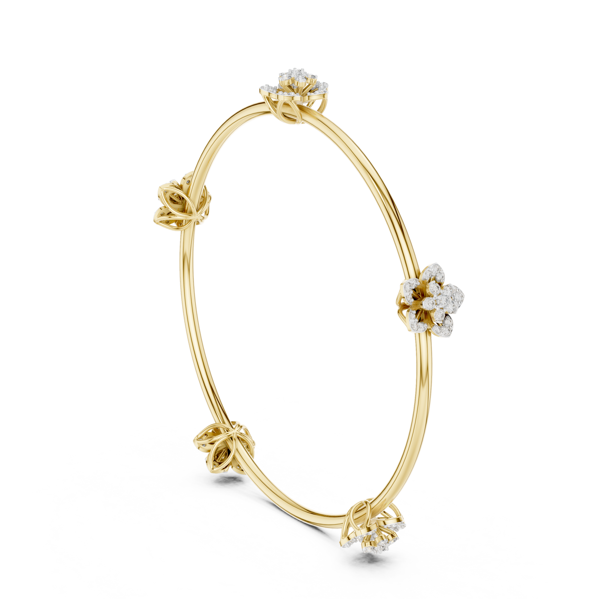 Gold Floral Bloom Station Bangle with Diamond Petals