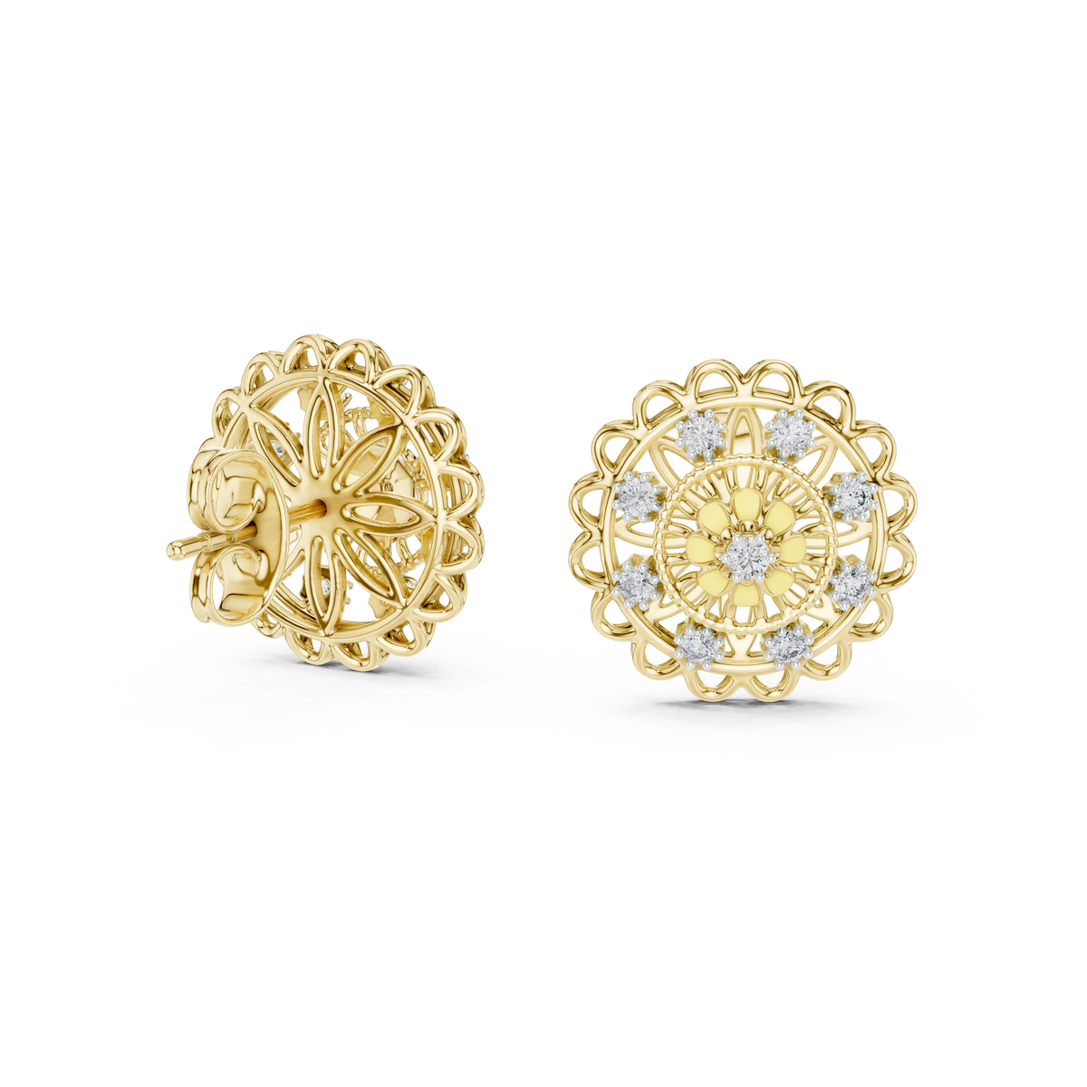 Round Cut Floral Medallion Lab Grown Diamond Earrings