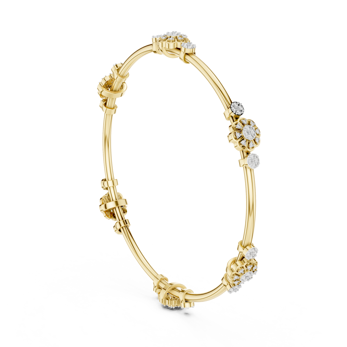Gold Bangle Bracelet with Floral Diamond Station Clusters