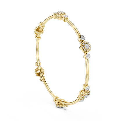Gold Bangle Bracelet with Floral Diamond Station Clusters