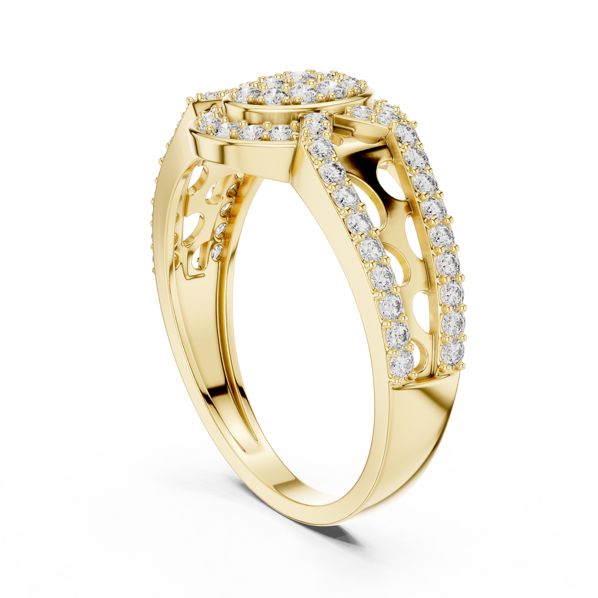 Round Diamond Cluster Ring with Oval Halo and Openwork Band