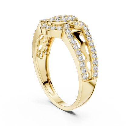 Round Diamond Cluster Ring with Oval Halo and Openwork Band