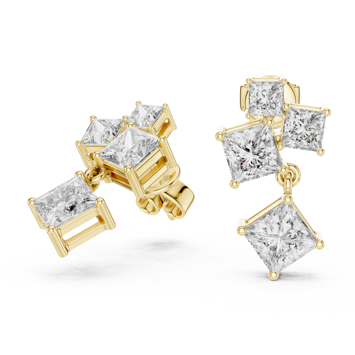 Geometric Asymmetric Statement Princess Cut Lab Grown Diamond Stud Dangle Earrings