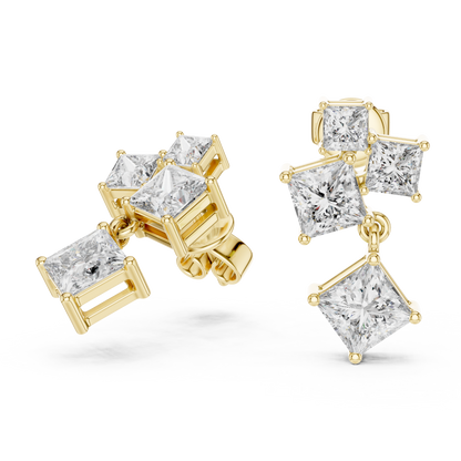 Geometric Asymmetric Statement Princess Cut Lab Grown Diamond Stud Dangle Earrings