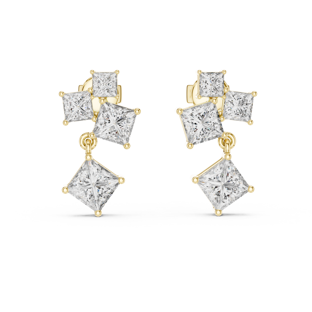 Geometric Asymmetric Statement Princess Cut Lab Grown Diamond Stud Dangle Earrings