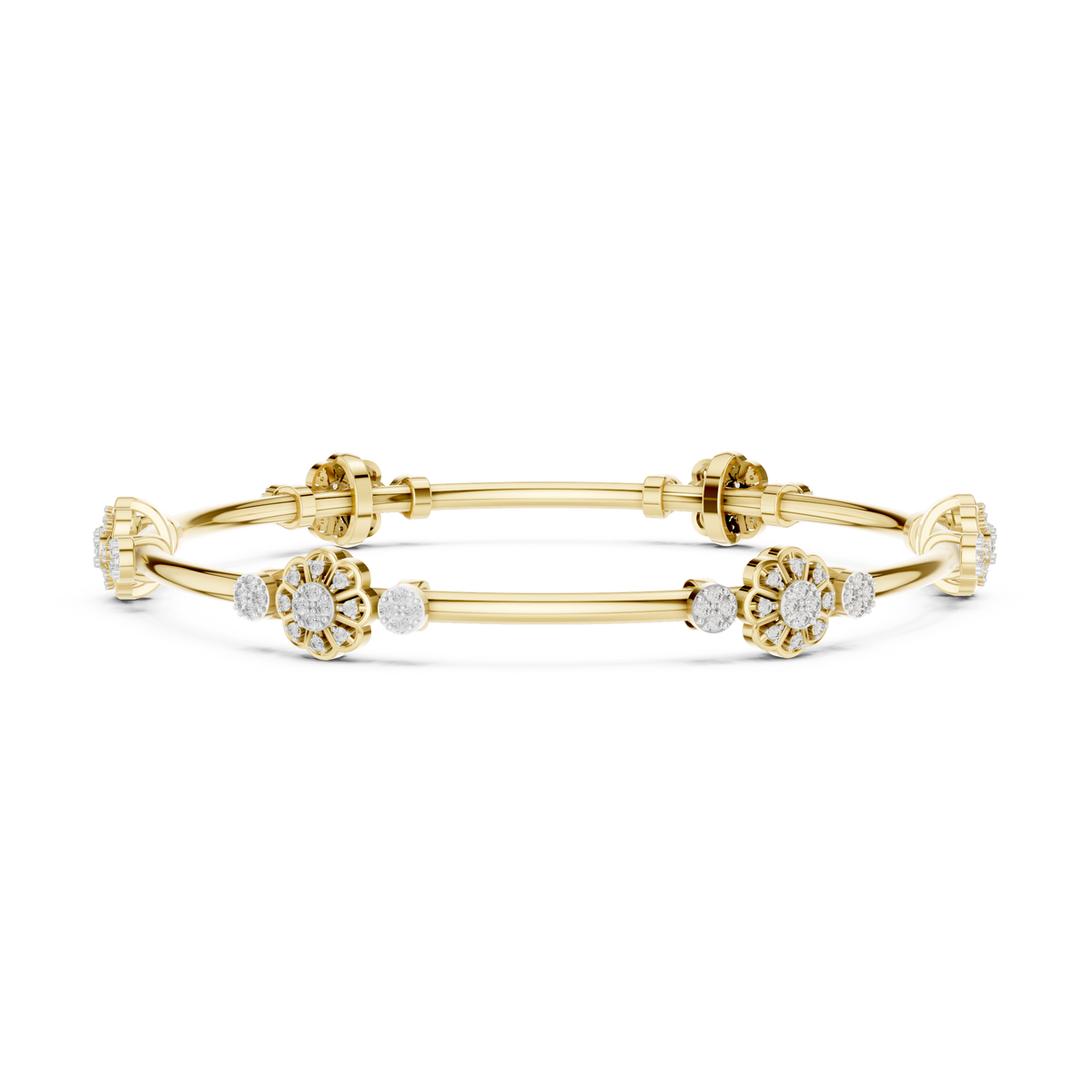 Gold Bangle Bracelet with Floral Diamond Station Clusters