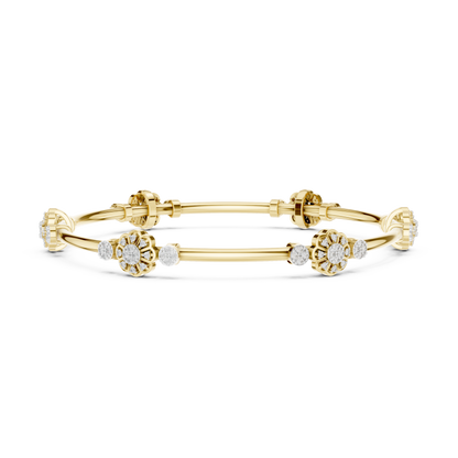 Gold Bangle Bracelet with Floral Diamond Station Clusters