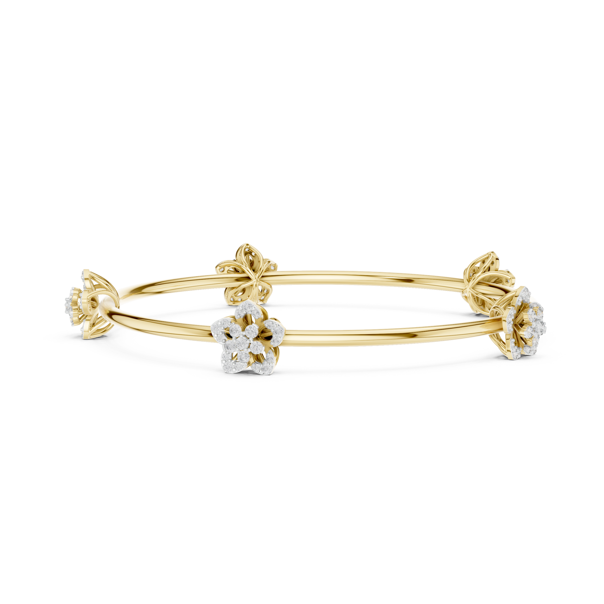 Gold Floral Bloom Station Bangle with Diamond Petals