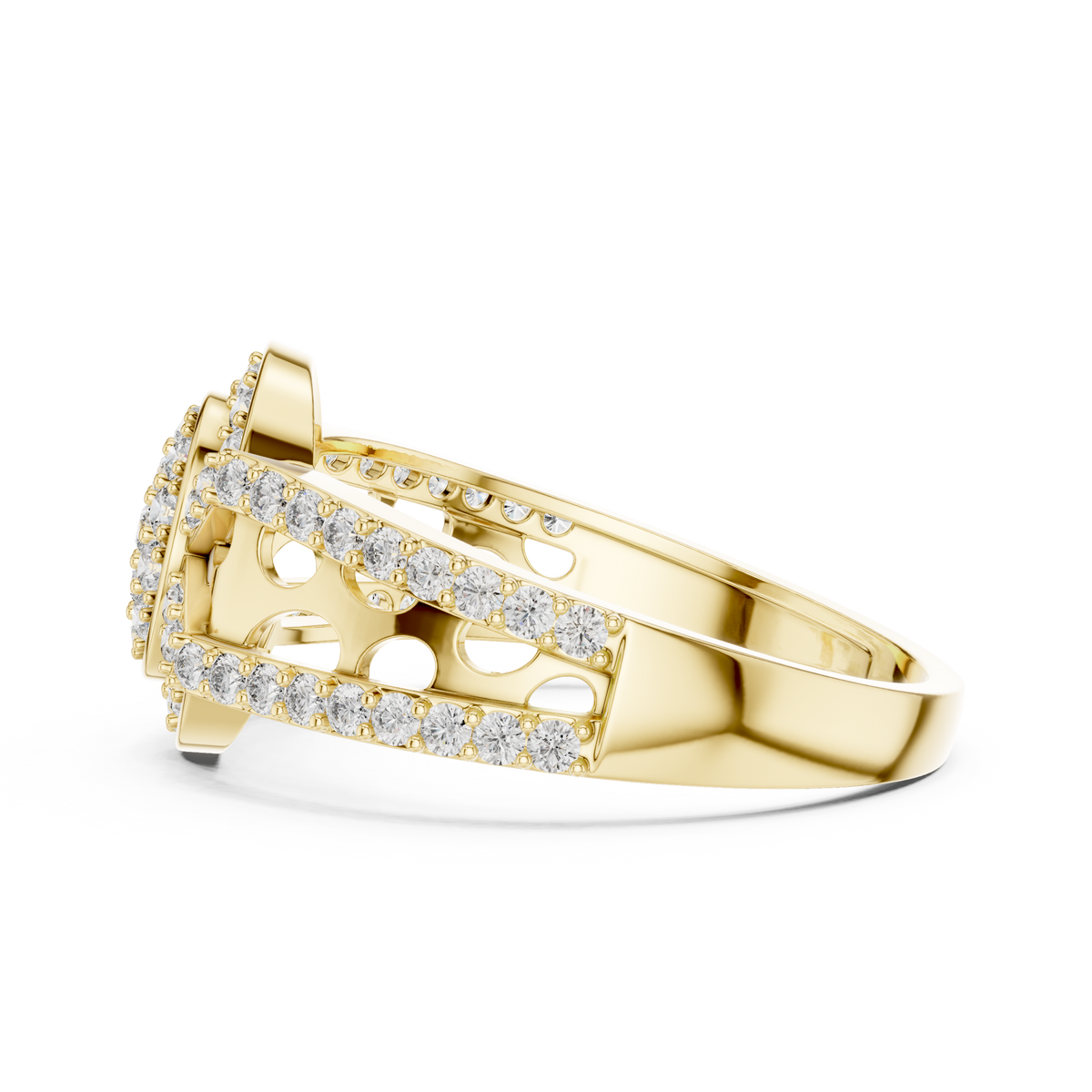 Round Diamond Cluster Ring with Oval Halo and Openwork Band