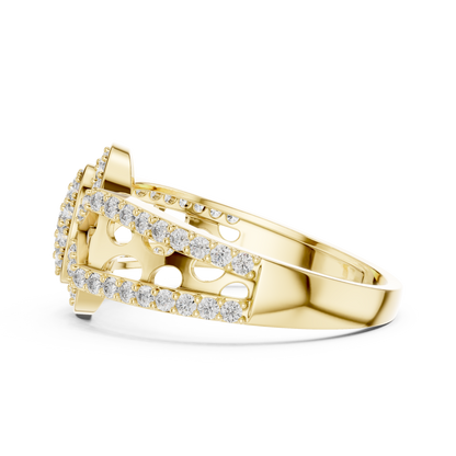 Round Diamond Cluster Ring with Oval Halo and Openwork Band
