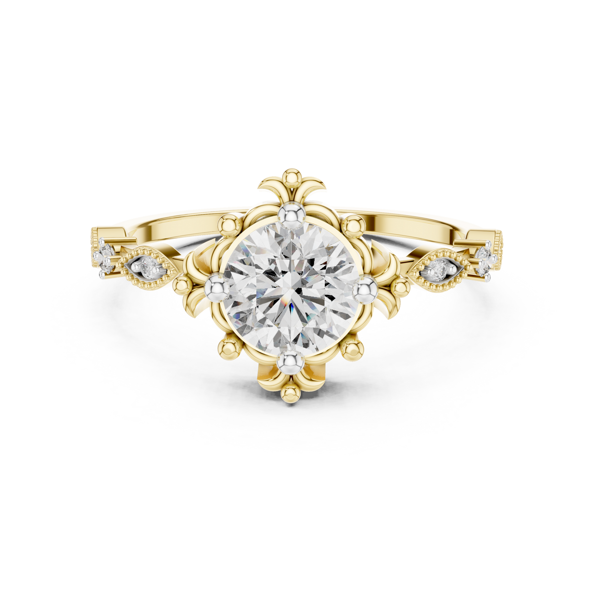 Vintage Floral Engagement 1ct Round Solitaire Lab Grown Diamond Ring