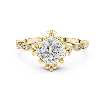 Vintage Floral Engagement 1ct Round Solitaire Lab Grown Diamond Ring