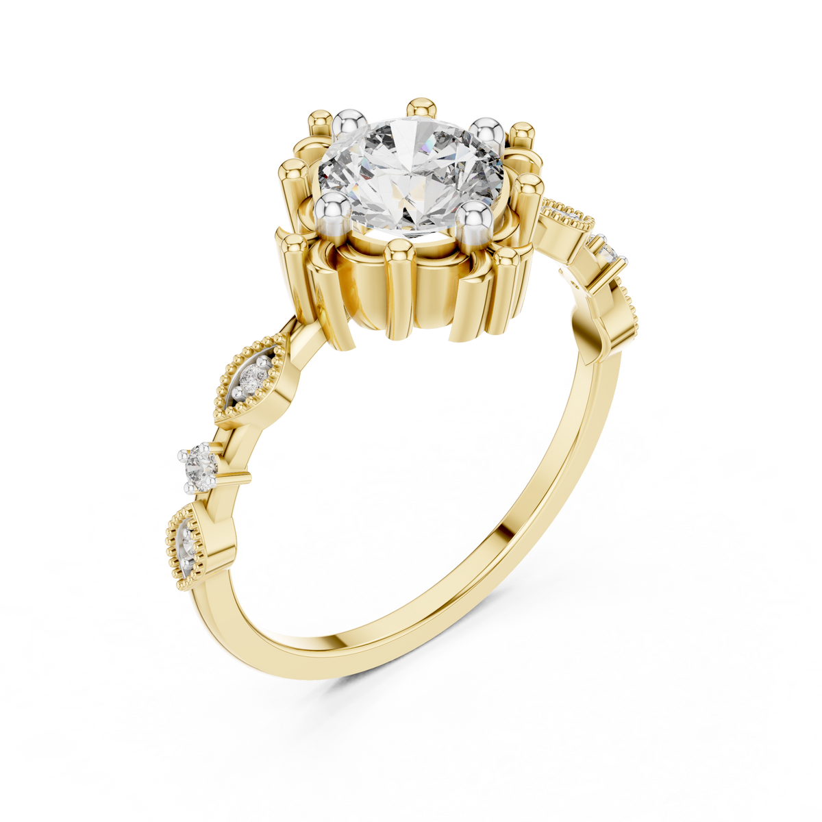 Vintage Floral Engagement 1ct Round Solitaire Lab Grown Diamond Ring