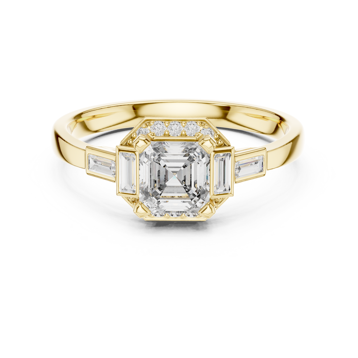 0.60 Ct Asscher Cut Three Stone Halo Pave Lab Grown Diamond Solitaire Ring