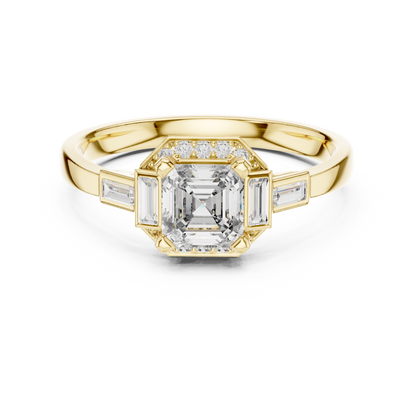 0.60 Ct Asscher Cut Three Stone Halo Pave Lab Grown Diamond Solitaire Ring
