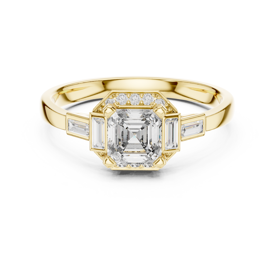 0.60 Ct Asscher Cut Three Stone Halo Pave Lab Grown Diamond Solitaire Ring