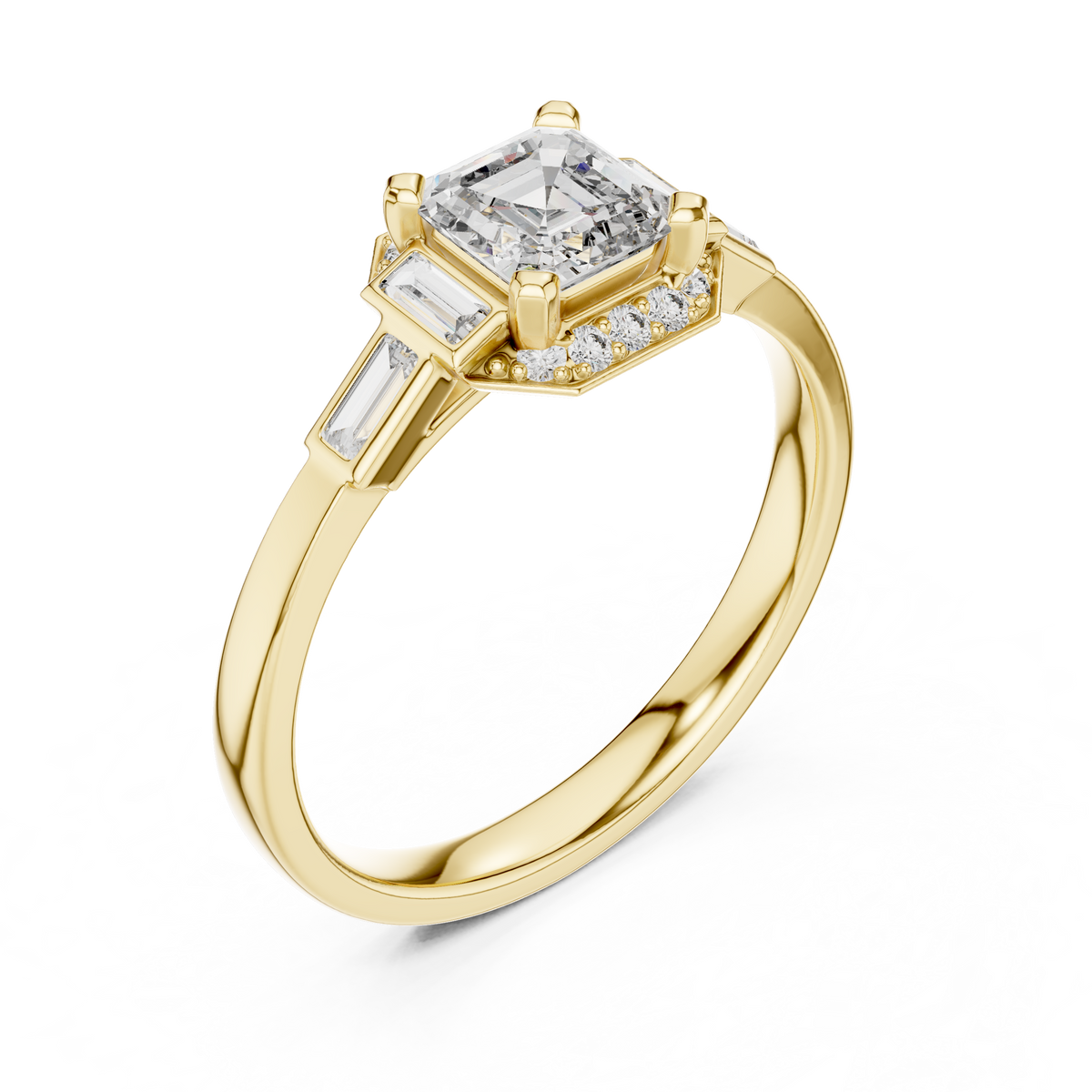 0.60 Ct Asscher Cut Three Stone Halo Pave Lab Grown Diamond Solitaire Ring