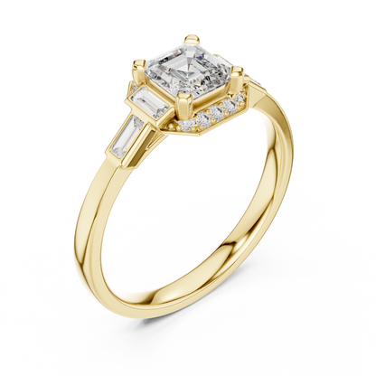 0.60 Ct Asscher Cut Three Stone Halo Pave Lab Grown Diamond Solitaire Ring