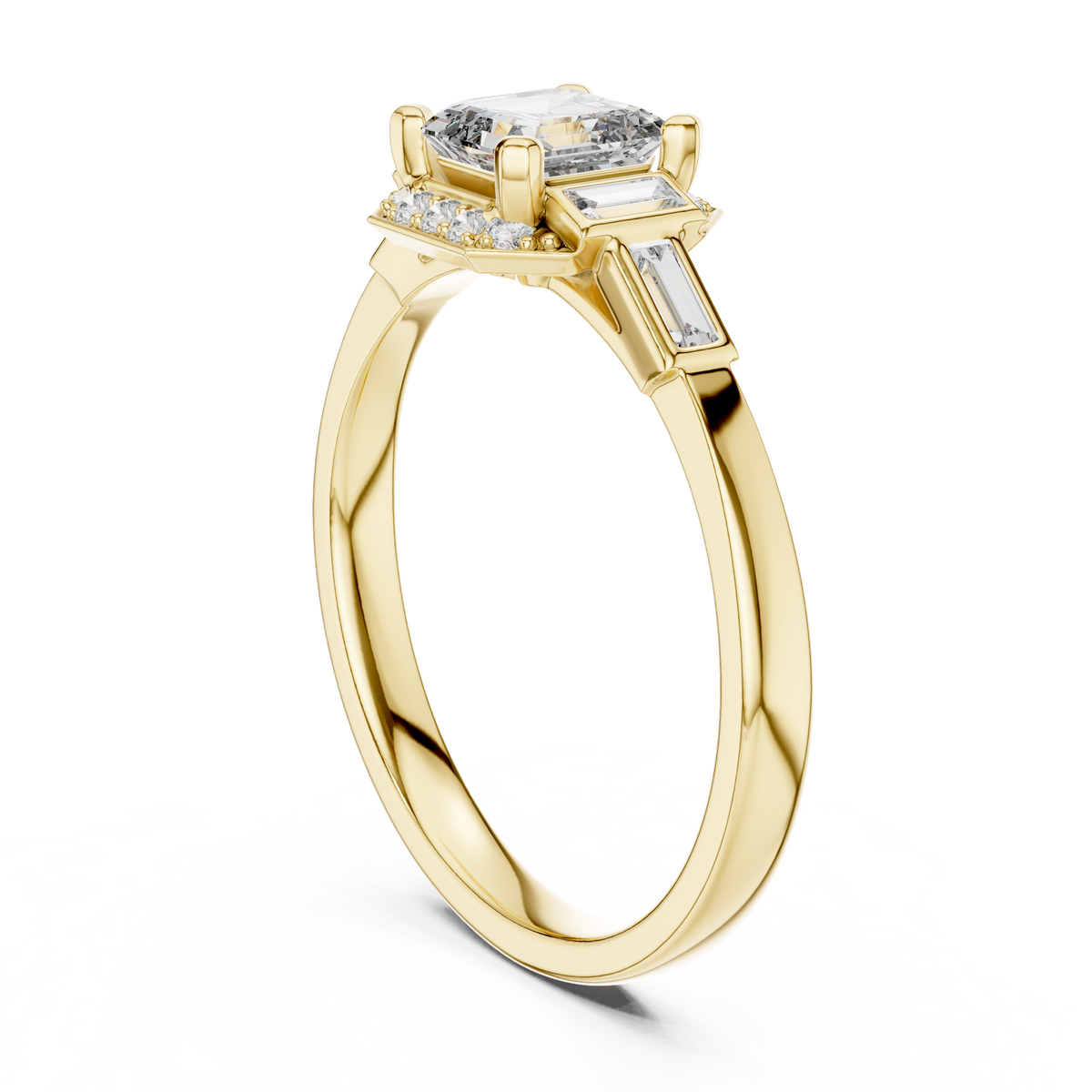 0.60 Ct Asscher Cut Three Stone Halo Pave Lab Grown Diamond Solitaire Ring