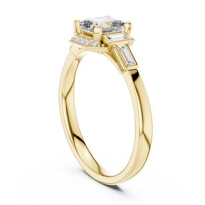 0.60 Ct Asscher Cut Three Stone Halo Pave Lab Grown Diamond Solitaire Ring