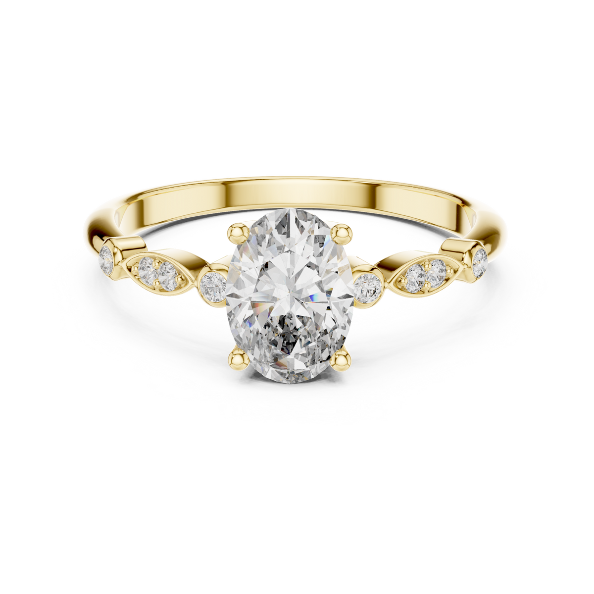 0.75 Ct Oval Botanical Leaf Side Stone Pave Set Lab Grown Diamond Solitaire Ring