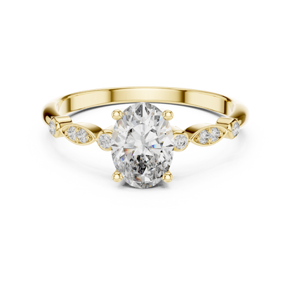 0.75 Ct Oval Botanical Leaf Side Stone Pave Set Lab Grown Diamond Solitaire Ring