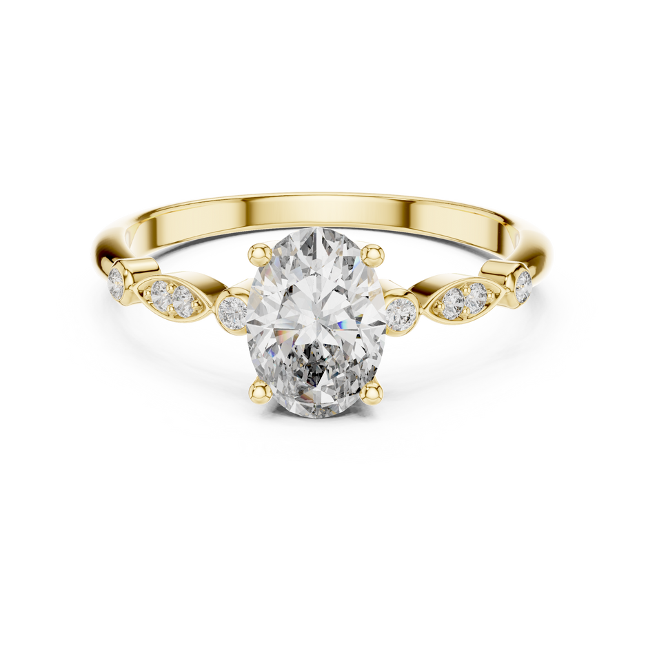 0.75 Ct Oval Botanical Leaf Side Stone Pave Set Lab Grown Diamond Solitaire Ring