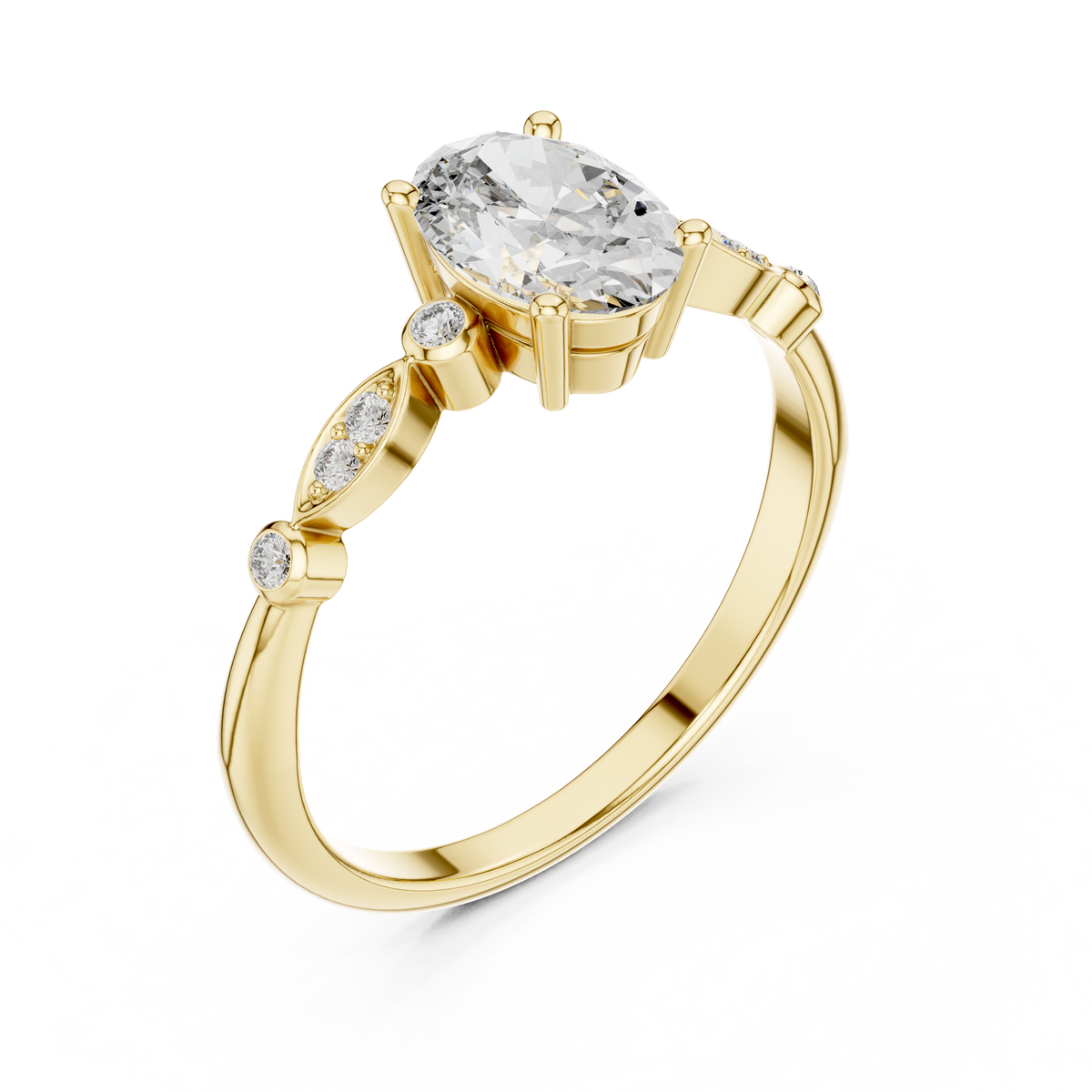 0.75 Ct Oval Botanical Leaf Side Stone Pave Set Lab Grown Diamond Solitaire Ring