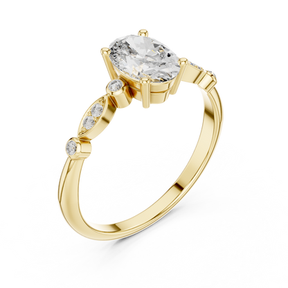 0.75 Ct Oval Botanical Leaf Side Stone Pave Set Lab Grown Diamond Solitaire Ring