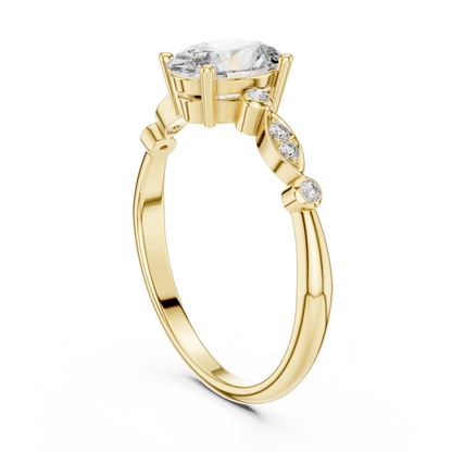 0.75 Ct Oval Botanical Leaf Side Stone Pave Set Lab Grown Diamond Solitaire Ring