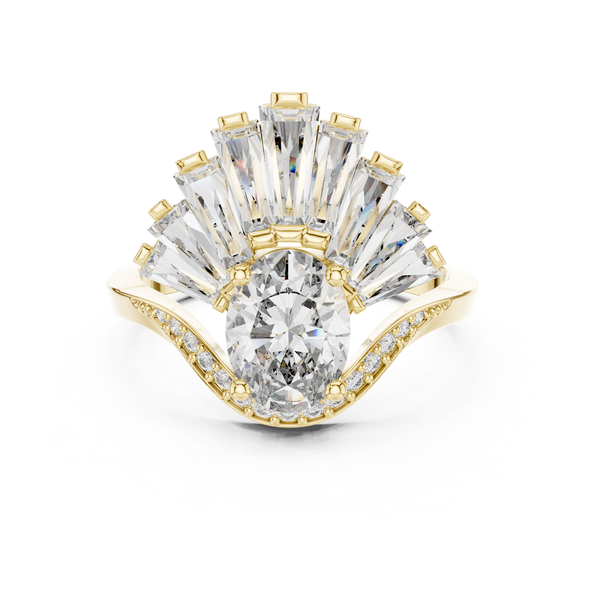 1.00 Ct Oval-Baguette Cut Fan Cluster Solitaire Lab Grown Diamond Ring