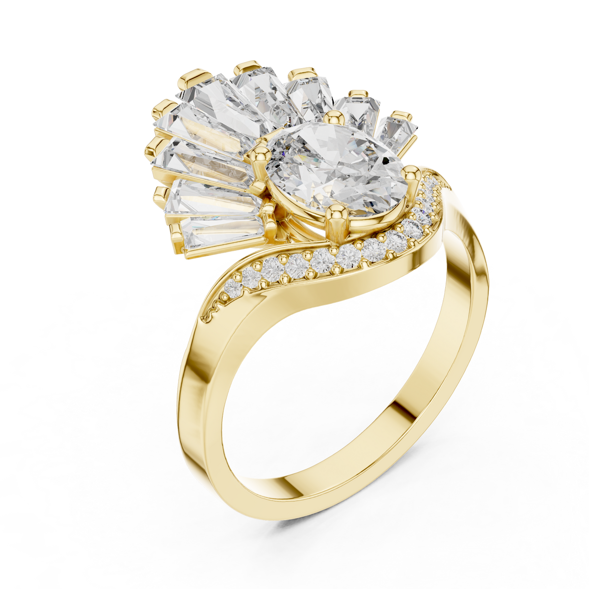 1.00 Ct Oval-Baguette Cut Fan Cluster Solitaire Lab Grown Diamond Ring