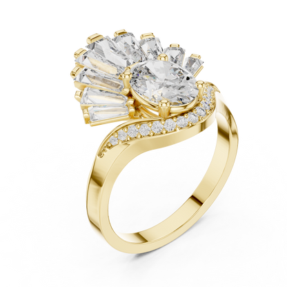 1.00 Ct Oval-Baguette Cut Fan Cluster Solitaire Lab Grown Diamond Ring