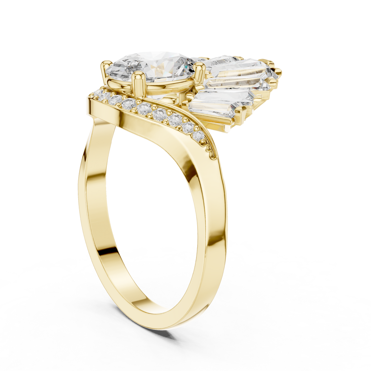 1.00 Ct Oval-Baguette Cut Fan Cluster Solitaire Lab Grown Diamond Ring