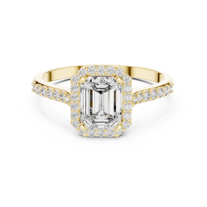 0.85 Ct Emerald Cut Halo Pave Solitaire Lab Grown Diamond Ring