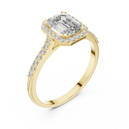 0.85 Ct Emerald Cut Halo Pave Solitaire Lab Grown Diamond Ring