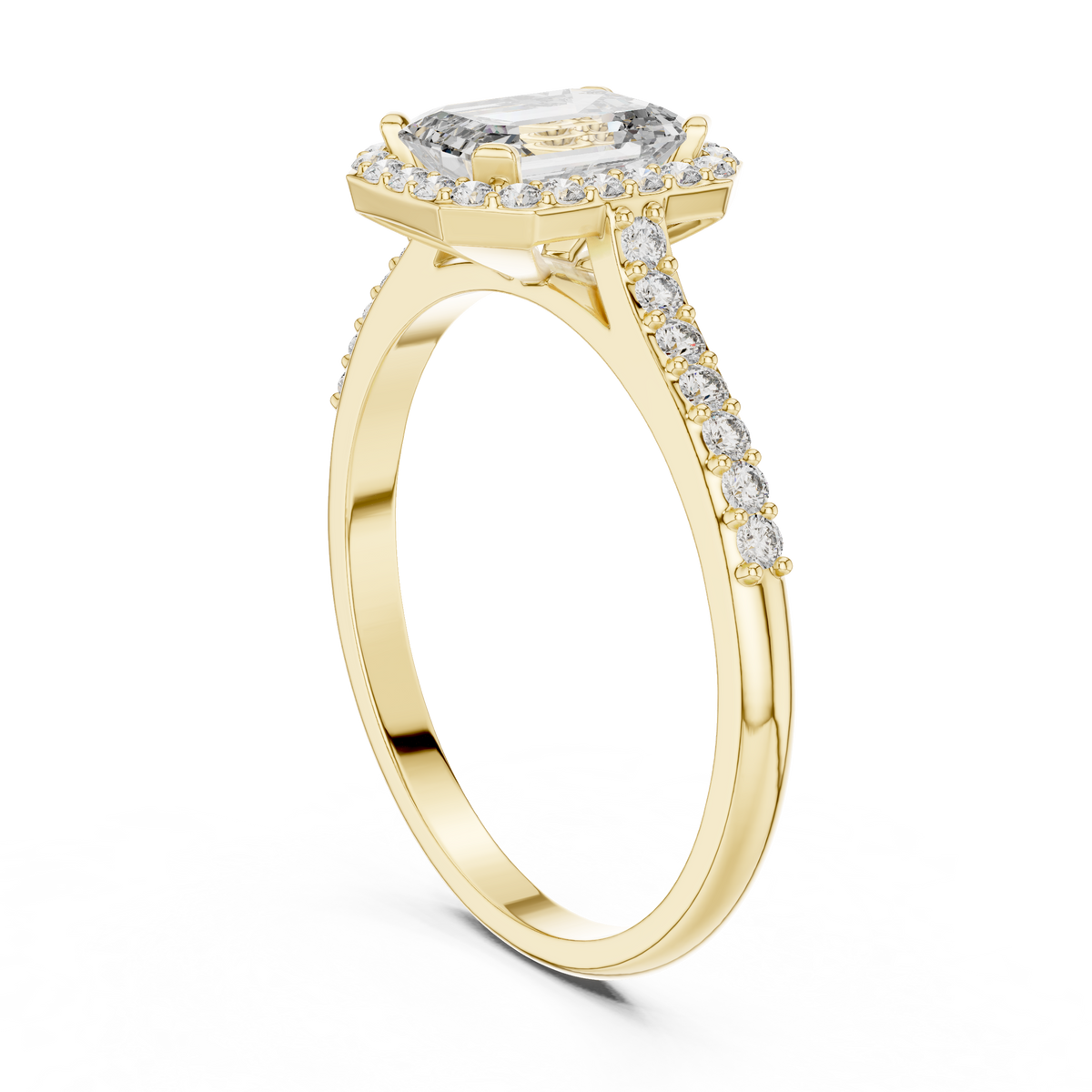 0.85 Ct Emerald Cut Halo Pave Solitaire Lab Grown Diamond Ring