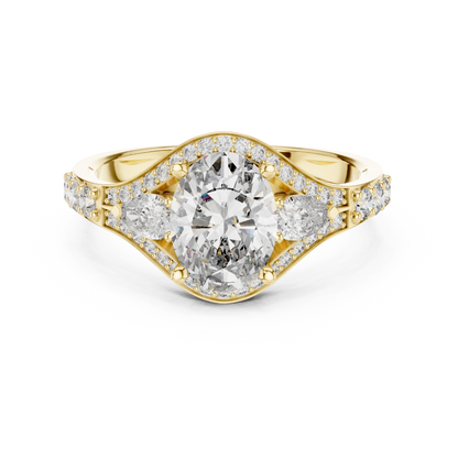 1.25 Ct Oval-Pear Cut Pave Set Three-Stone Halo Solitaire Lab Grown Diamond Ring