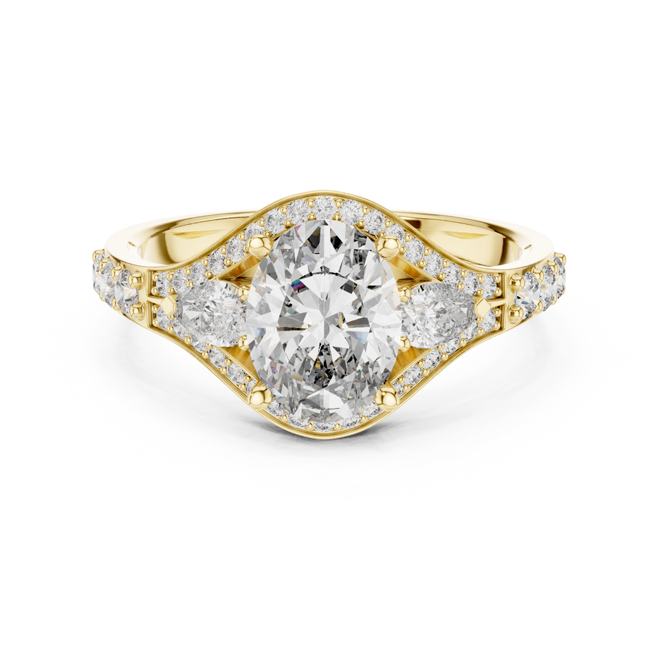 1.25 Ct Oval-Pear Cut Pave Set Three-Stone Halo Solitaire Lab Grown Diamond Ring
