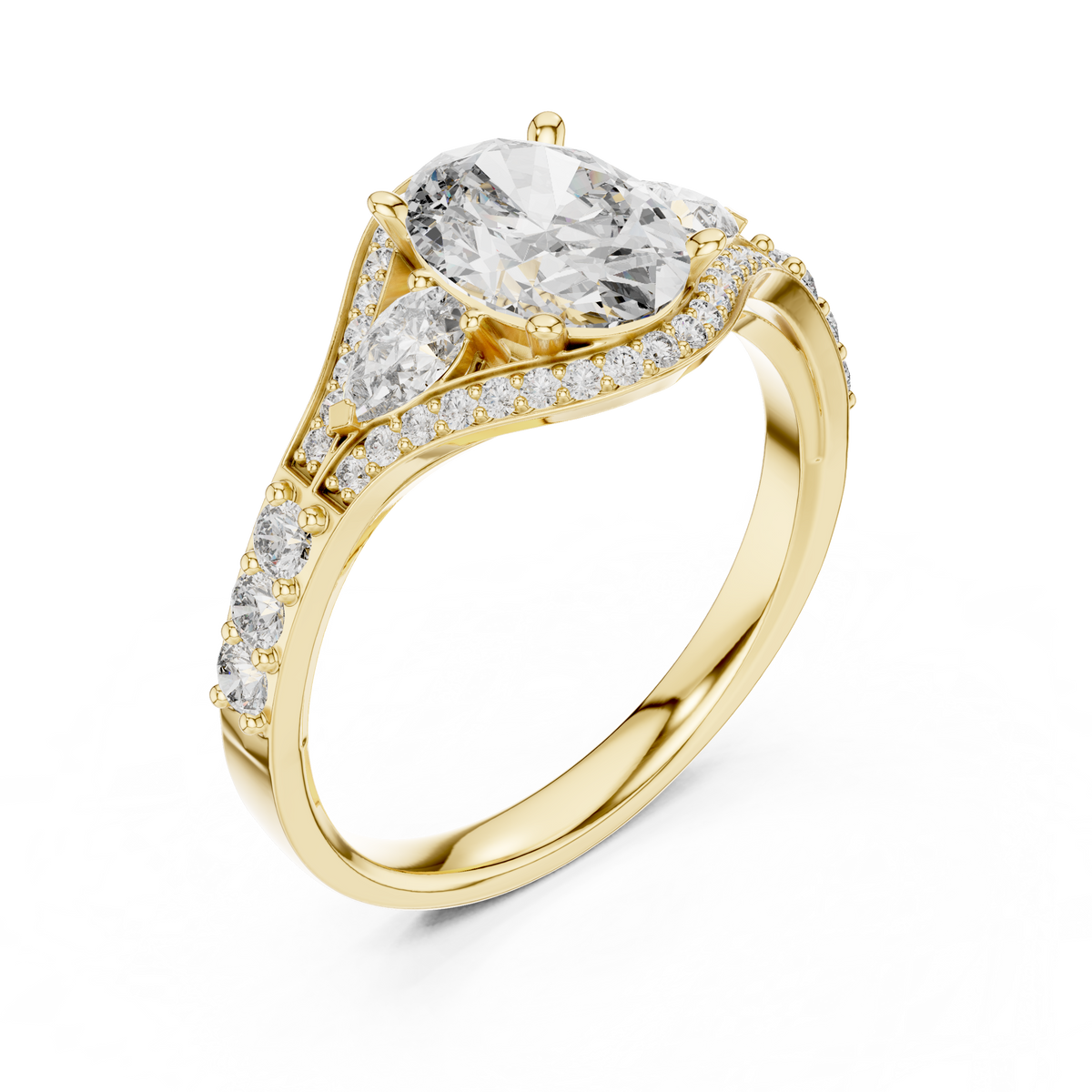 1.25 Ct Oval-Pear Cut Pave Set Three-Stone Halo Solitaire Lab Grown Diamond Ring